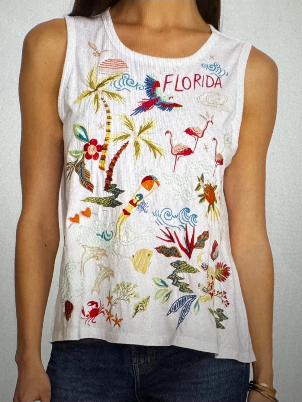 Johnny Was White Tropical 'Florida' Embroidered Sleeveless Tank - Picture 3 of 3